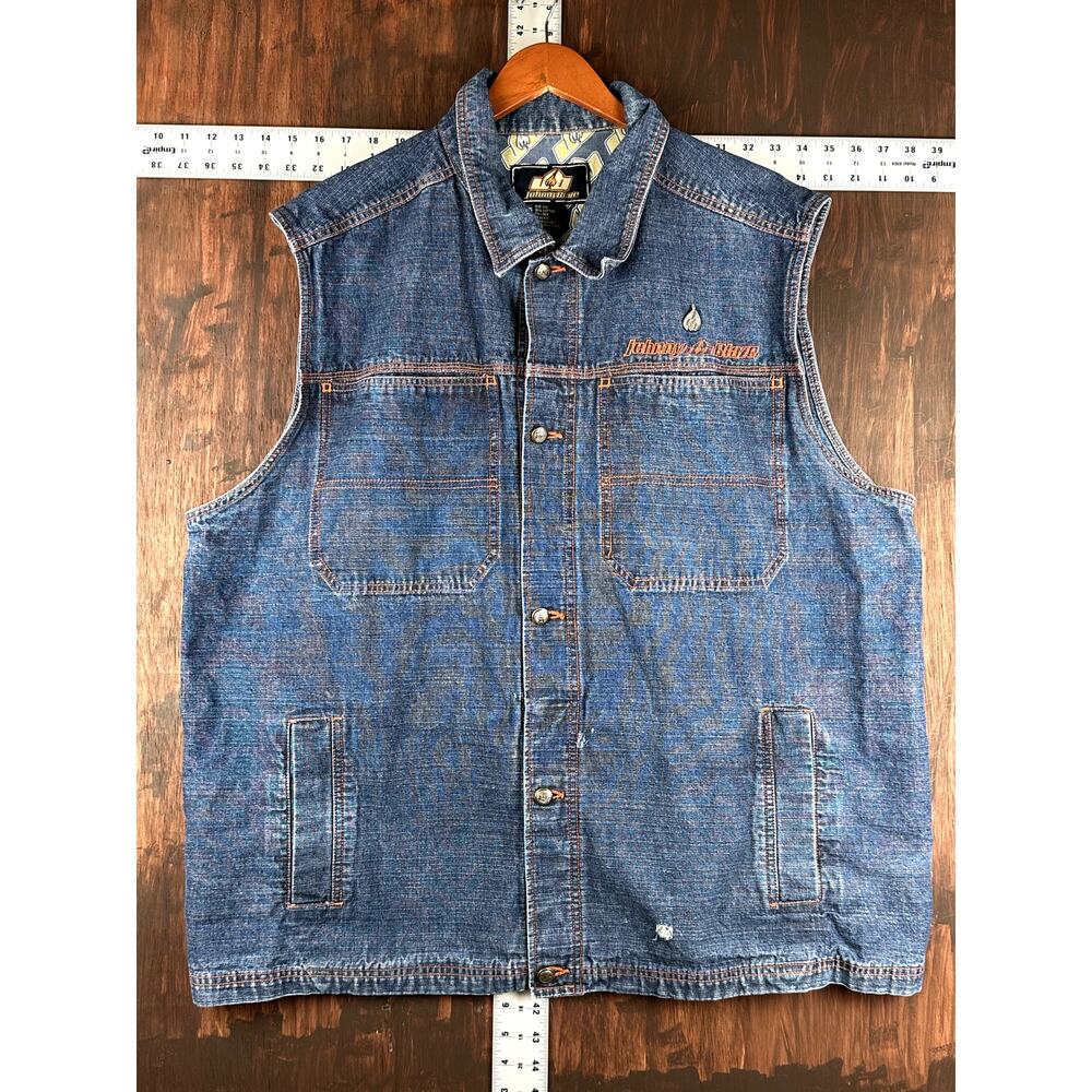 Johnny Blaze Denim Jean‎ Motorcycle Vest Vintage Y2K 2000s Blue Orange Mens 2XL
